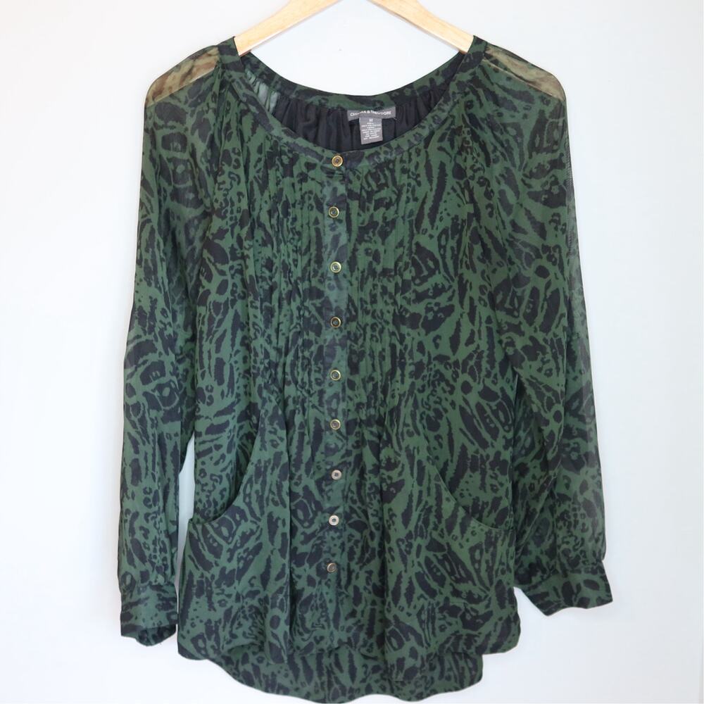 Chelsea Theodore Sheer Blouse Green Animal Print Button Front Boho M